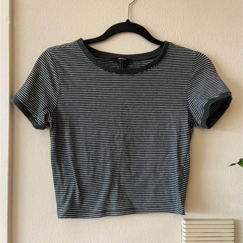 Striped Green and White Crop Top T Shirt Form Fitting